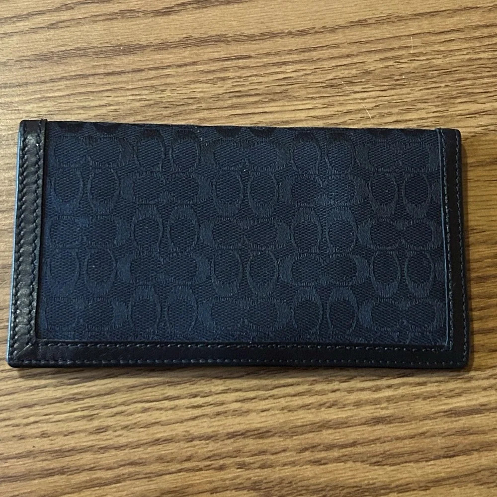 Coach Black Monogram Logo Canvas Leather Check Book Slim Wallet